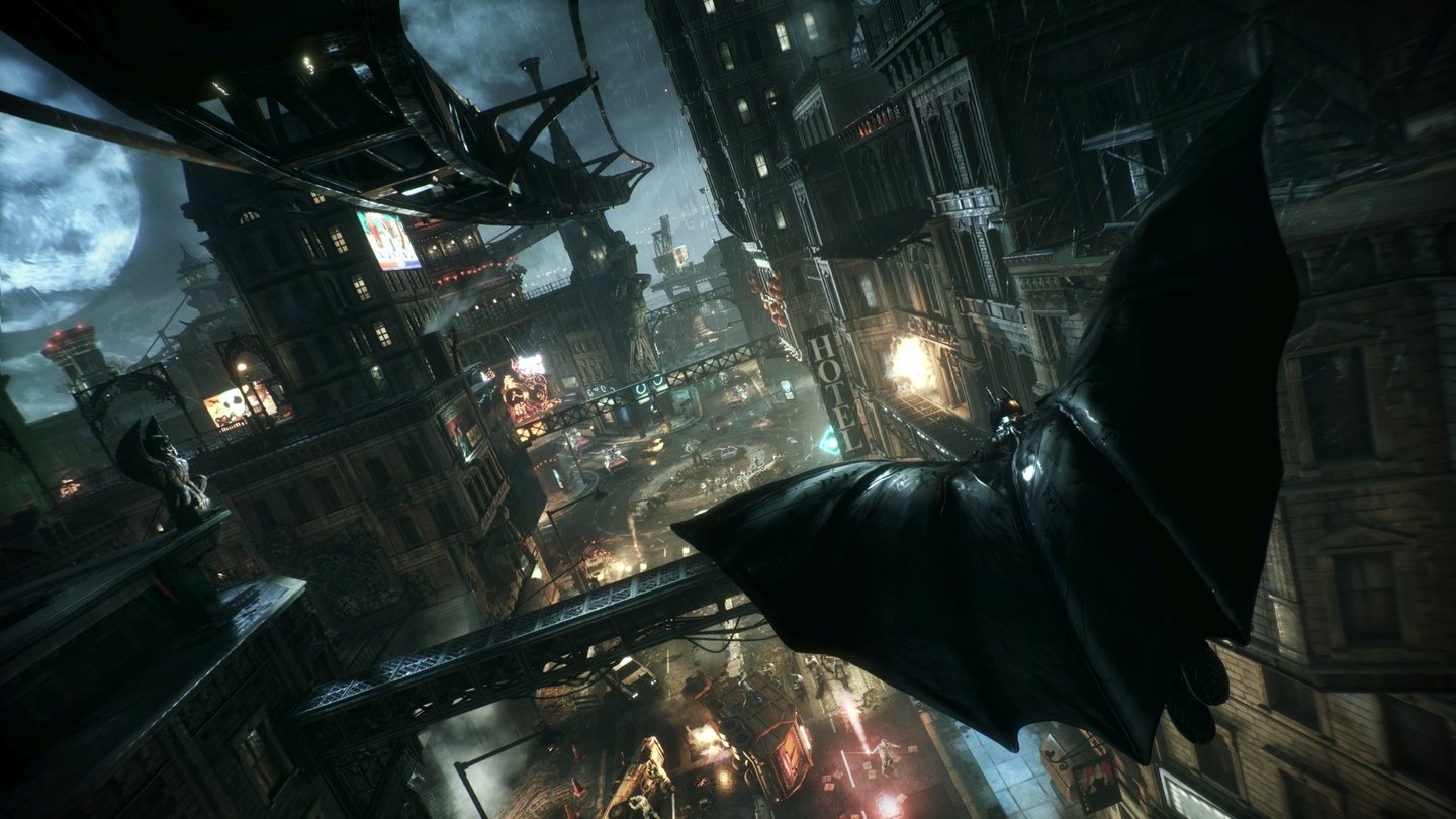 Batman: Arkham KnightDurch den Nachthimmel zu gleiten und sich von Dach zu Dach zu katapultieren, macht genauso viel Spaß wie in den Vorgängern.