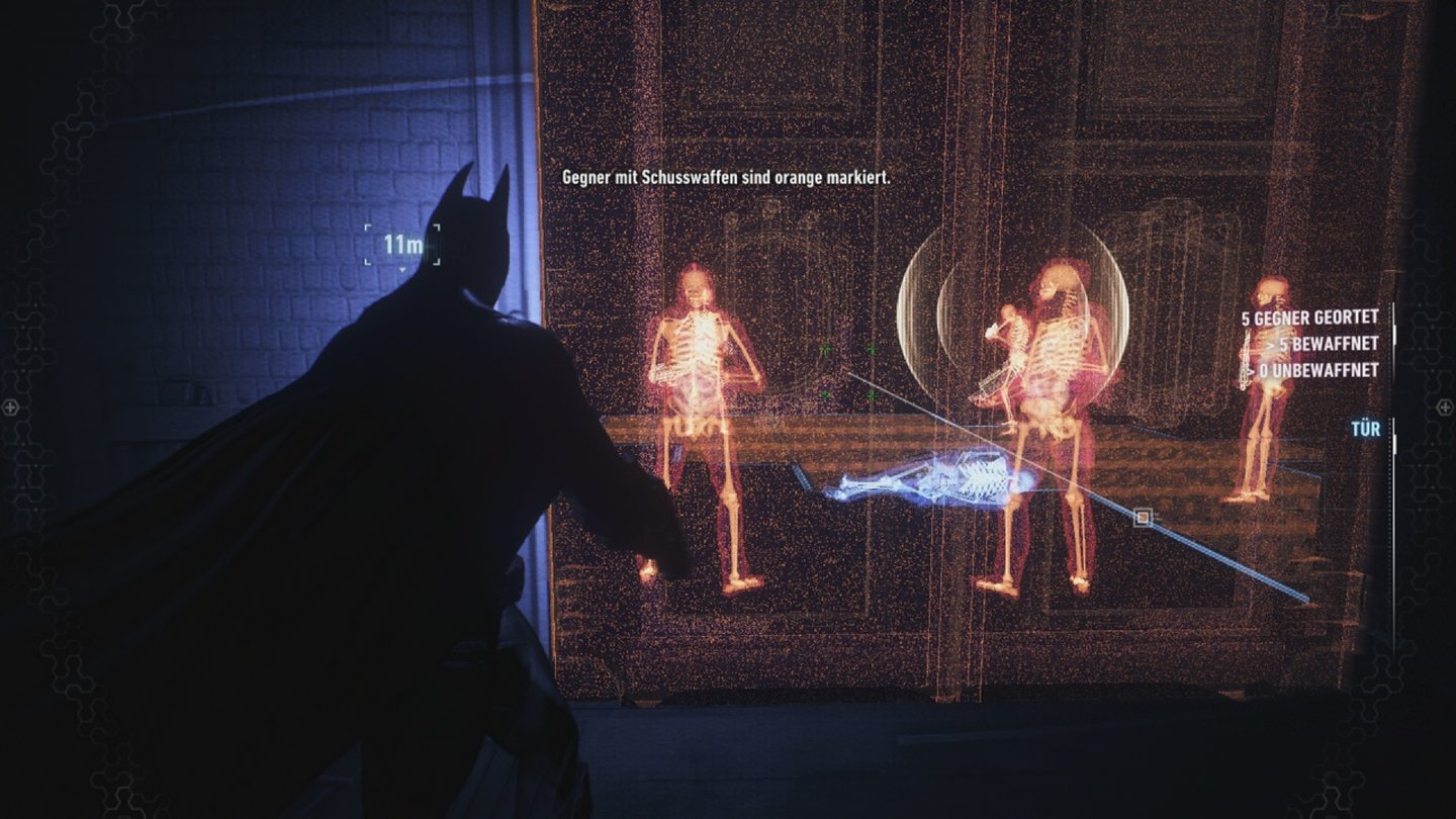 Batman: Arkham KnightDank Detektivmodus kann Batman durch Wände sehen, um sein Vorgehen zu planen.