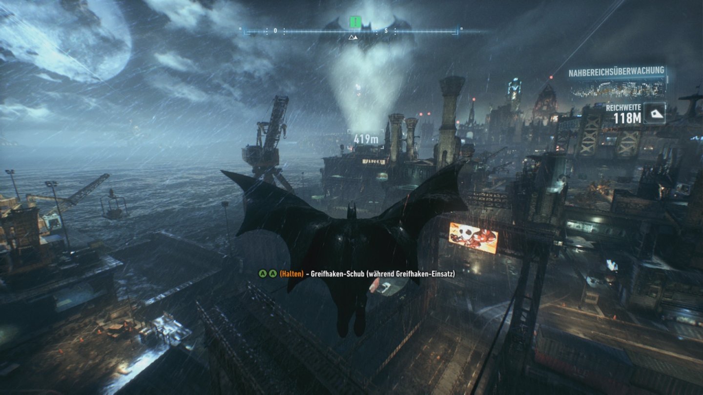 Batman: Arkham KnightBeim Gleitflug durch den Nachthimmel wird uns gewahr, wie riesig die Spielwelt ist.