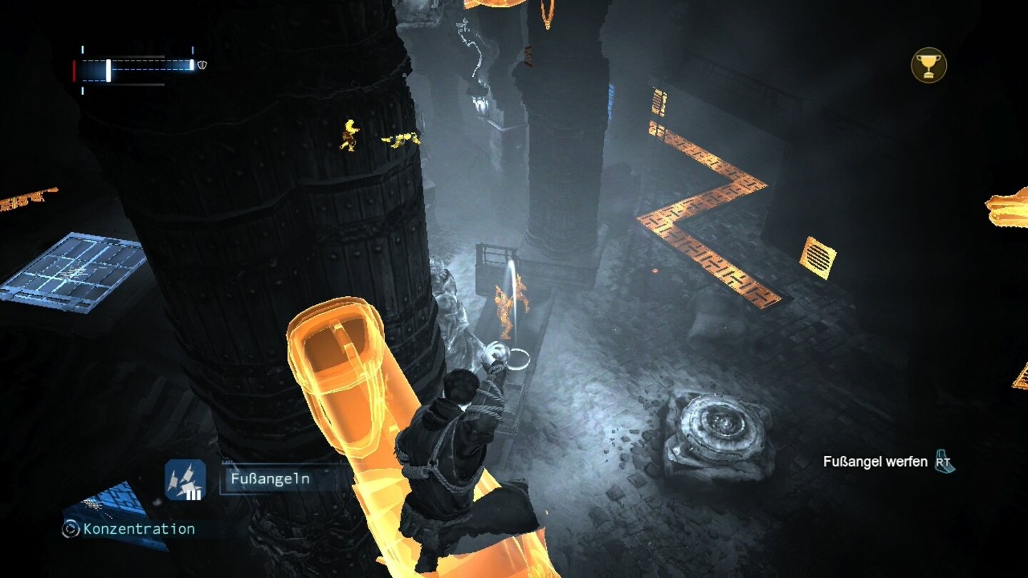 Batman: Arkham Origins - InitiationIm Hauptspiel kann Batman nur mit Speziallinsen in seiner Maske durch Wände gucken, im Kloster reicht dafür seine »Konzentration«.