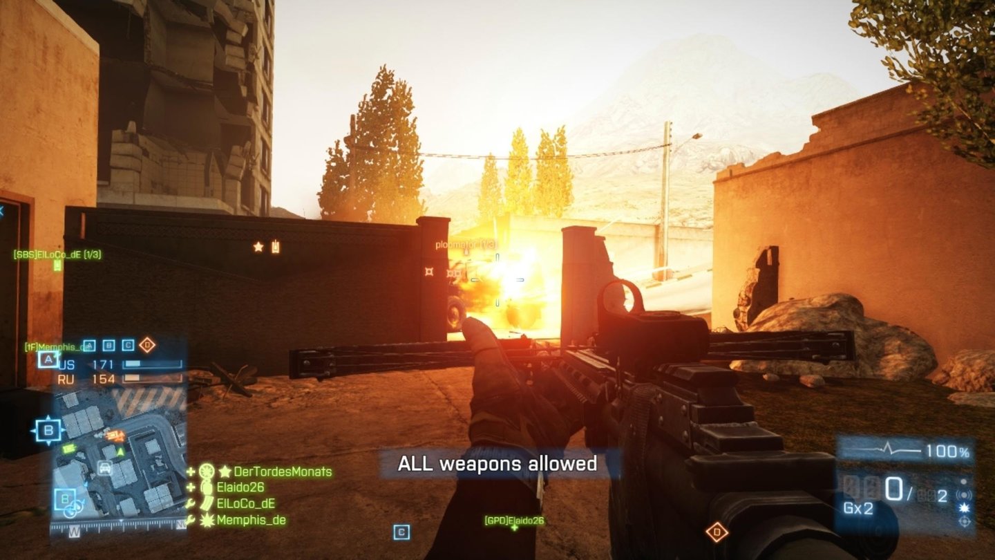 Battlefield 3: AftermathMit dem Explosivpfeil legt man Jeeps und Hubschrauber mit nur einem Treffer lahm. Die Ballistik des Geschosses ist aber sehr gewöhnungsbedürftig.