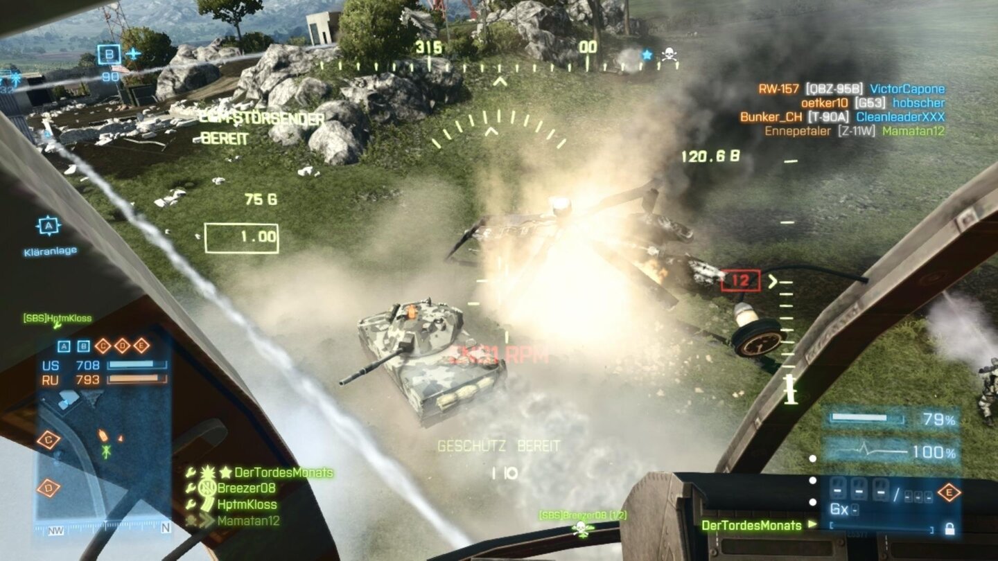 Battlefield 3 - Armored Kill-DLC (PC-Screenshots)Die Gunship-Flaggenpunkte (erkennbar am kleinen Flugzeug neben dem Flaggen-Symbol) sind immer heiß umkämpft.