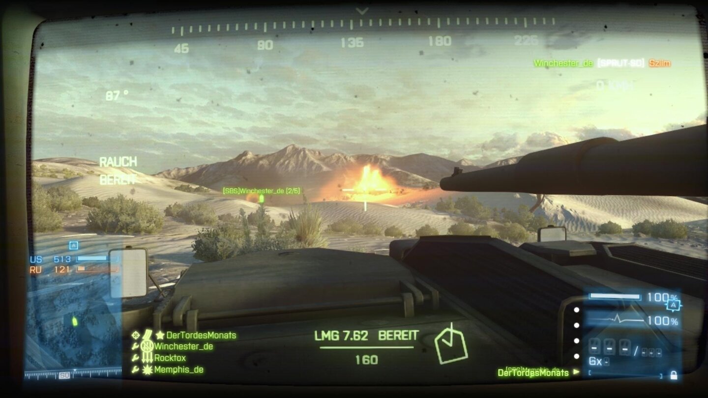 Battlefield 3 - Armored Kill-DLC (PC-Screenshots)Das Geschütz des Panzerkillers eignet sich besonders für Distanzschüsse, weil die Flugbahn seiner Geschosse gerader ist als die der üblichen Panzer-Granaten.