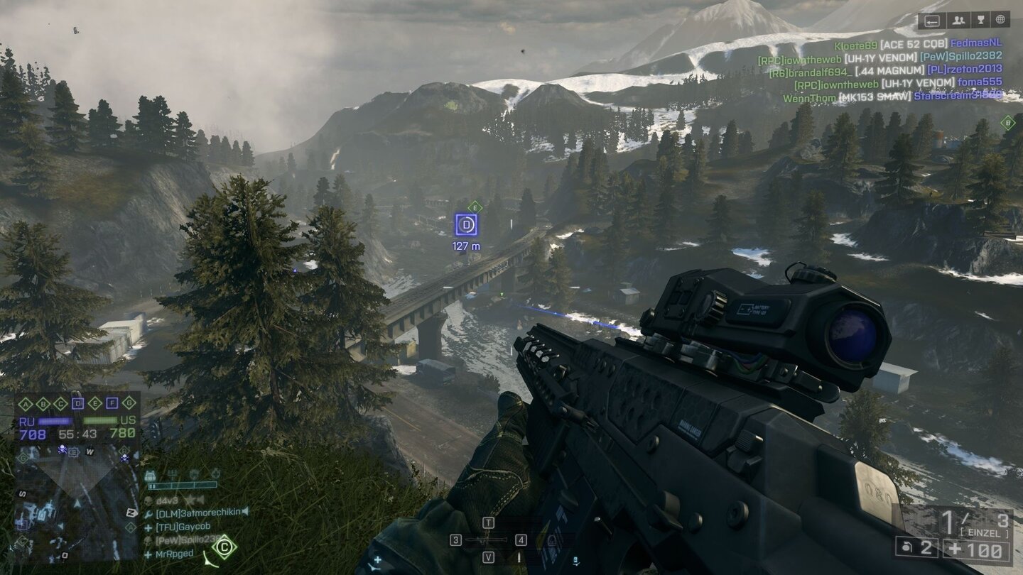 Battlefield 4: Final StandVon den Bergen auf Kareliens Riesen genießen wir mit unserer Railgun eine wunderbare Aussicht.