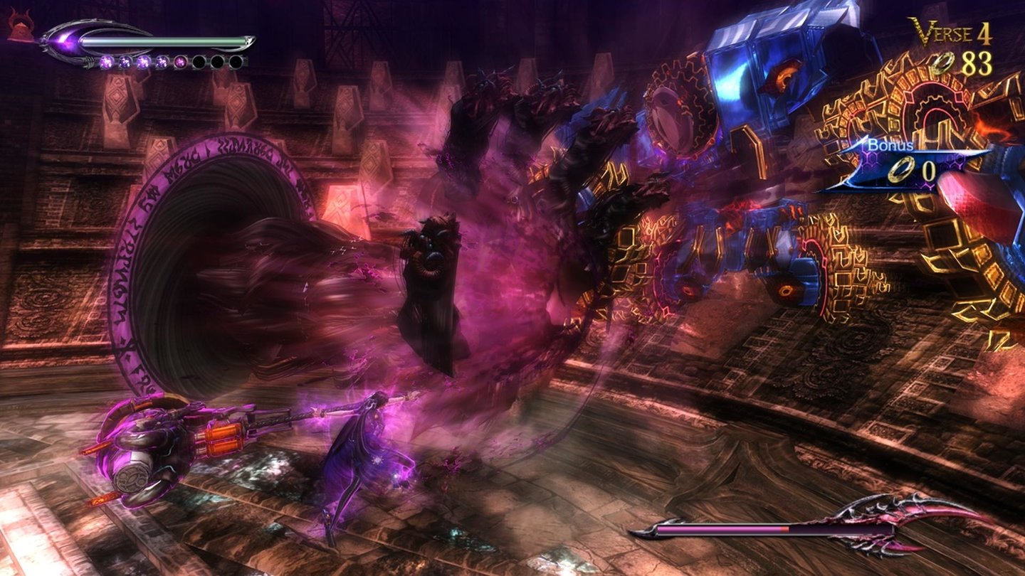 Bayonetta 2
Als Kampfzauber lässt die Hexe riesige Fäuste oder Stiefel aus Portalen erscheinen, die auf ihre Gegner einprügeln.