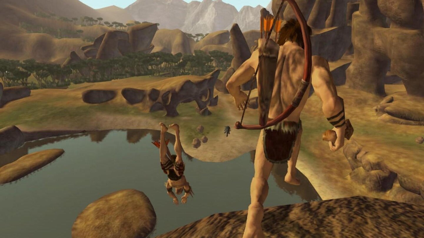 B.C.Von den Klippen springen diese Frühmenschen in den See.