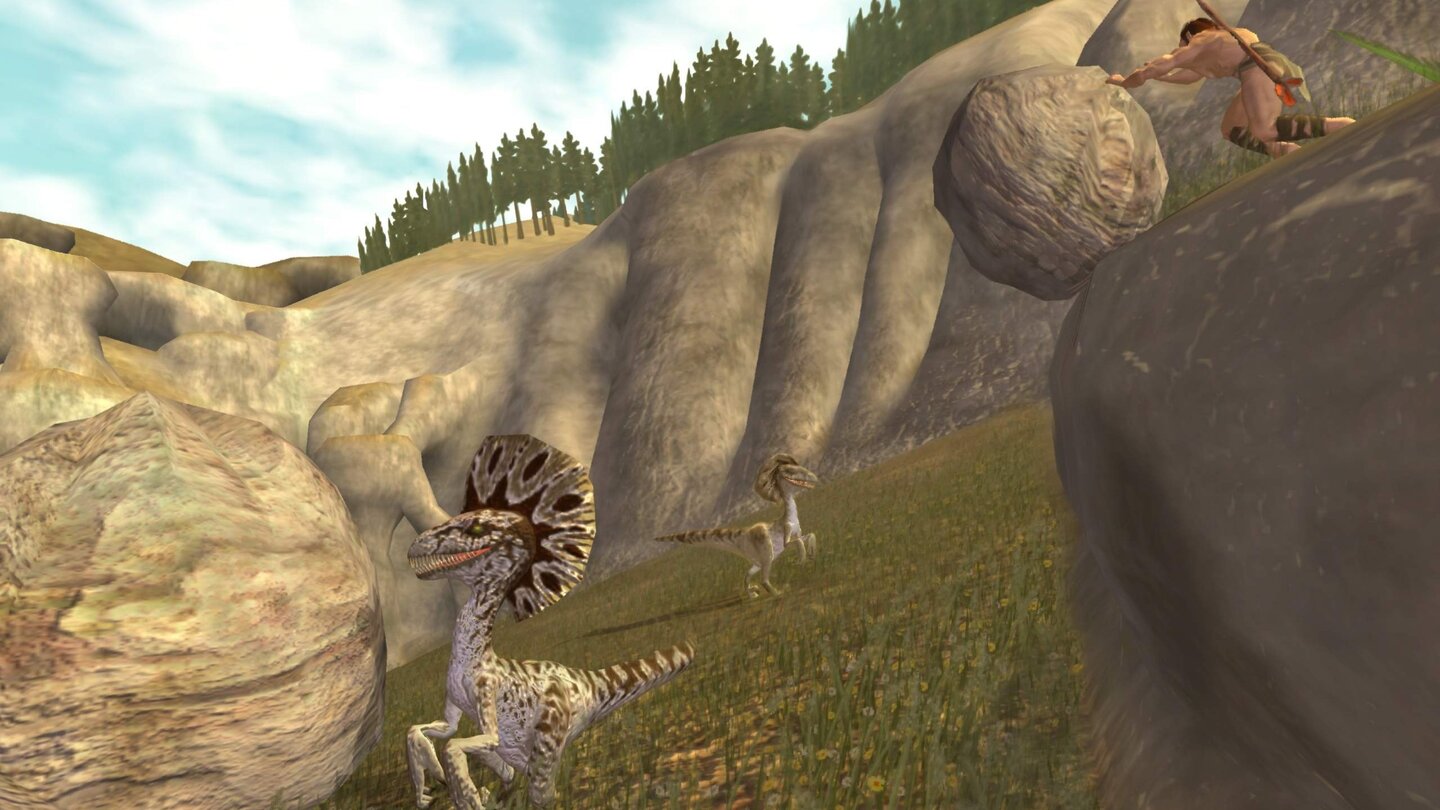 B.C.Felsbrocken lassen sich Abhänge hinunterstoßen, um Dinos zu plätten oder Baumaterial zu sammeln.