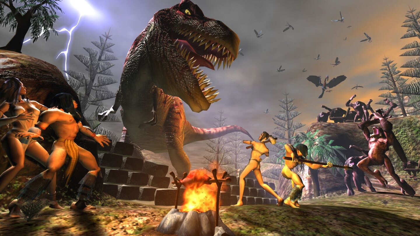 B.C.Dieses Artwork zeigt nicht nur einen Dino und affenähnliche Simians (rechts), sondern auch den Mauerbau aus Felsblöcken.