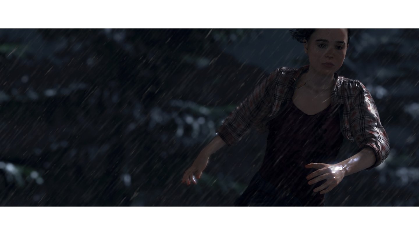 Beyond: Two SoulsFlucht durch die regnerische Nacht. Im Wald muss sich die Beyond-Hauptdarstellerin unter anderem mit Spürhunden auseinandersetzen.