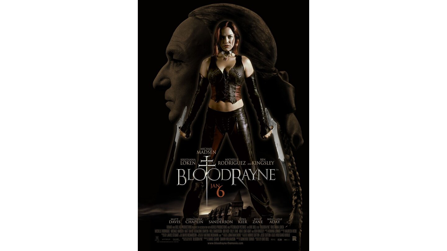  BloodRayne (2005)Für die Verfilmung des Action-Spiels BloodRayne kann Regisseur Uwe Boll mit vielen international bekannten Schauspielern aufwarten: Die Dhampirin Rayne (Kristanna Loken) jagt im 18. Jahrhundert den Vampirfürsten Kagan (Ben Kingsley), der mit drei legendären Artefakten die Welt beherrschen will. Bei ihrem Kampf wird Rayne von Agenten der Brimstone Society (Michael Madsen, Matthew Davis) unterstützt – in Nebenrollen tauchen außerdem Udo Kier, Meat Loaf und Michelle Rodriguez auf. Der Film erhält 2007 die Goldene Himbeere.