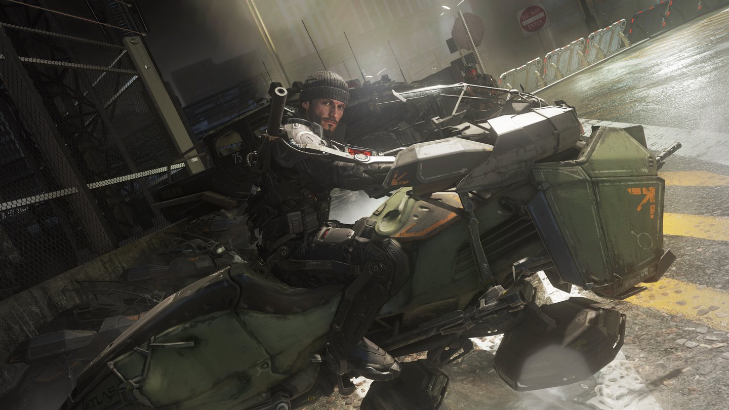Call of Duty: Advanced WarfareAm Steuer solcher Schwebebikes gleiten wir leise dahin oder rasen in flotten Fluchtsequenzen durch die leeren Straßen des evakuierten Detroit.