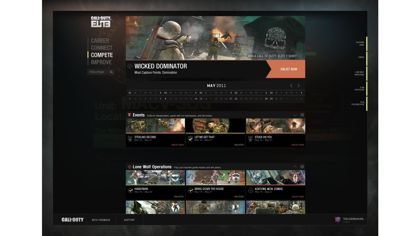 Call of Duty EliteIm Kalender sieht man auf den ersten Blick, wann Wettbewerbe oder Turniere anstehen.