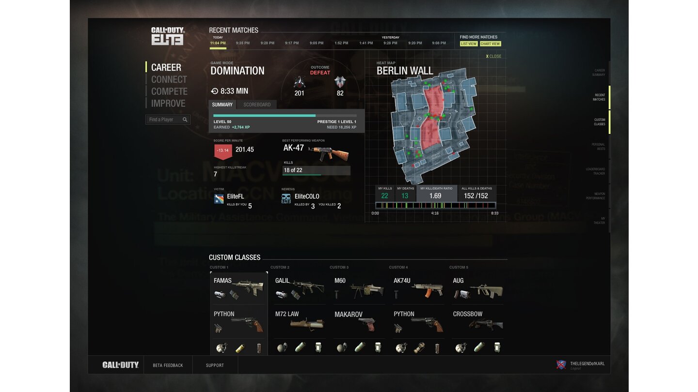 Call of Duty EliteBei den Recent Matches werden die gerade gespielten Matches angezeigt – samt Heatmap rechts oben. Unten sieht man die eigenen erstellten Klassen.