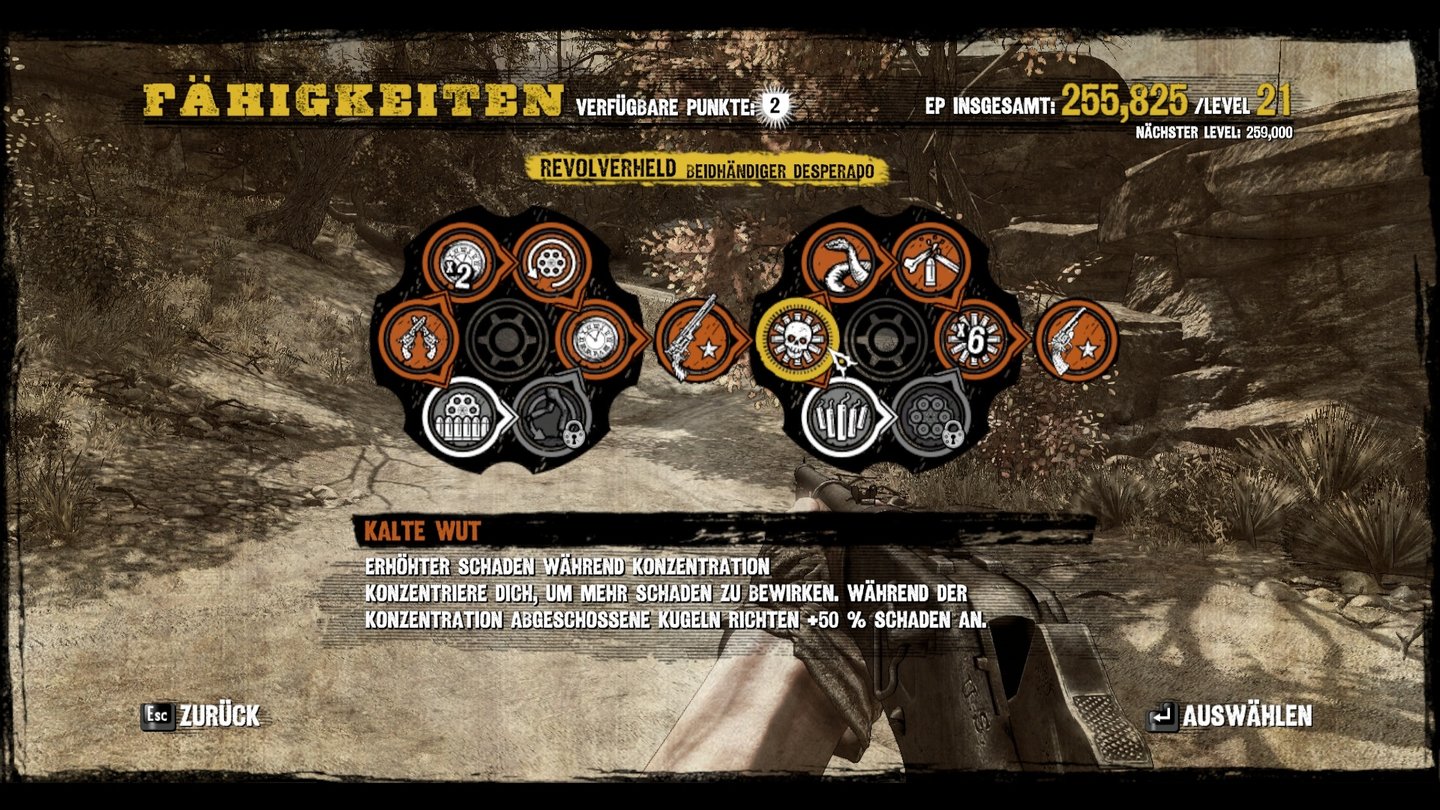 Call of Juarez: GunslingerNach jedem Levelaufstieg dürfen wir einen Skillpunkt in einer von drei unterschiedlichen Kategorien (hier: Revolverheld) verteilen.