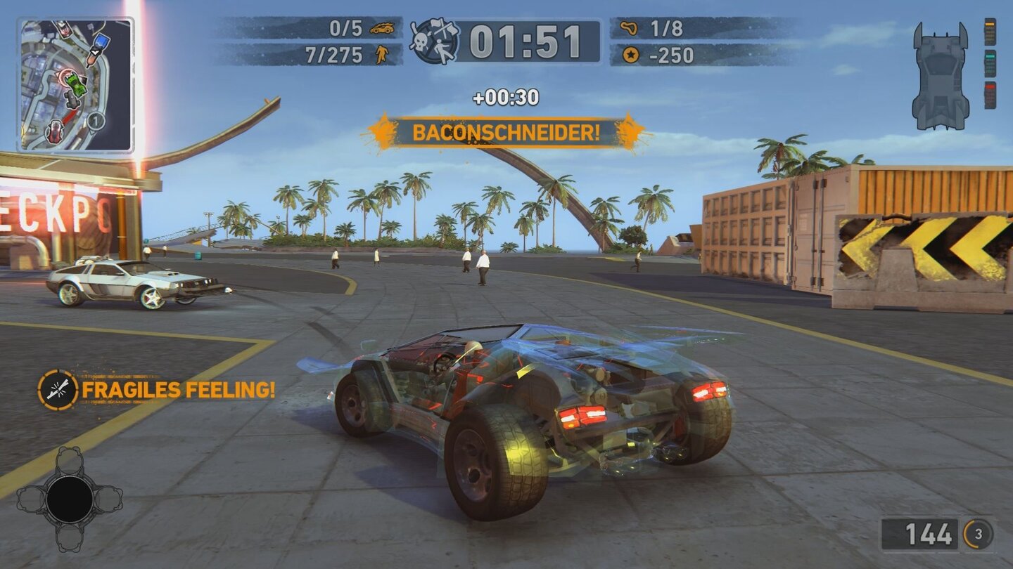 Carmageddon ReincarnationPower-Ups halten auch gerne mal fiese Überraschungen bereit. Dank »Glasknochen« sind wir ein leichtes Opfer für die Konkurrenz.