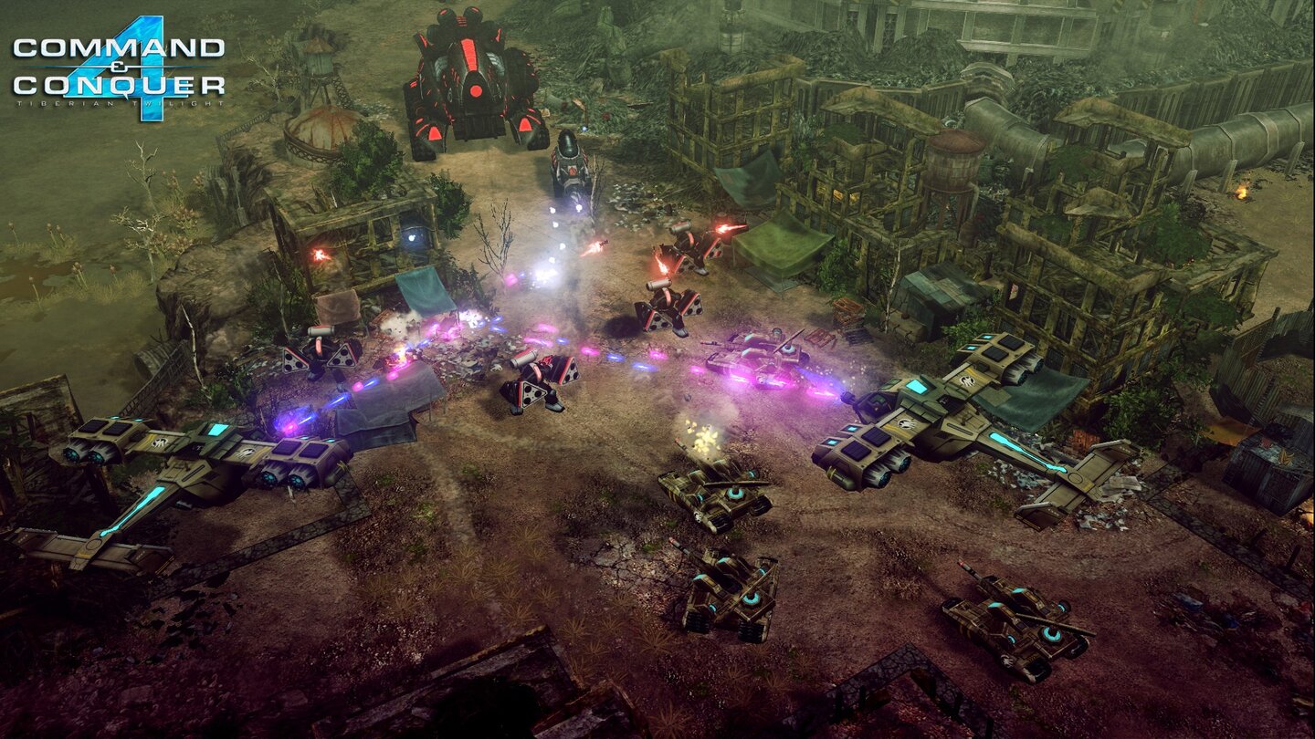 Command & Conquer 4: Tiberian TwilightDie Feuerstöße überlegener Einheiten färben sich lila. Hier zerlegen Hammerheads eine Nod-Geschützstellung.