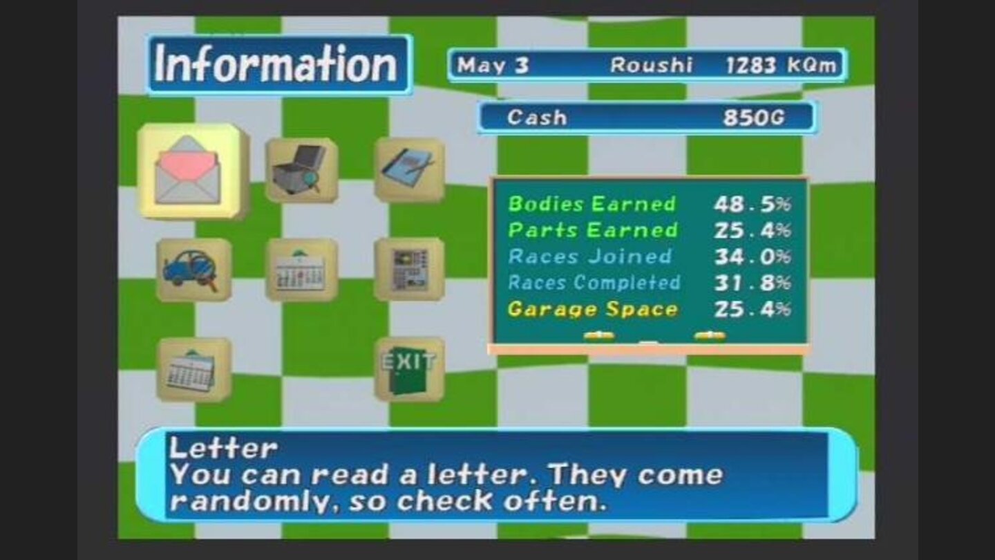 In game information screen where you can quickly access your race calender (see whats going on in that month), check your stats, read the paper, kill time, and read the mail that youve been getting
