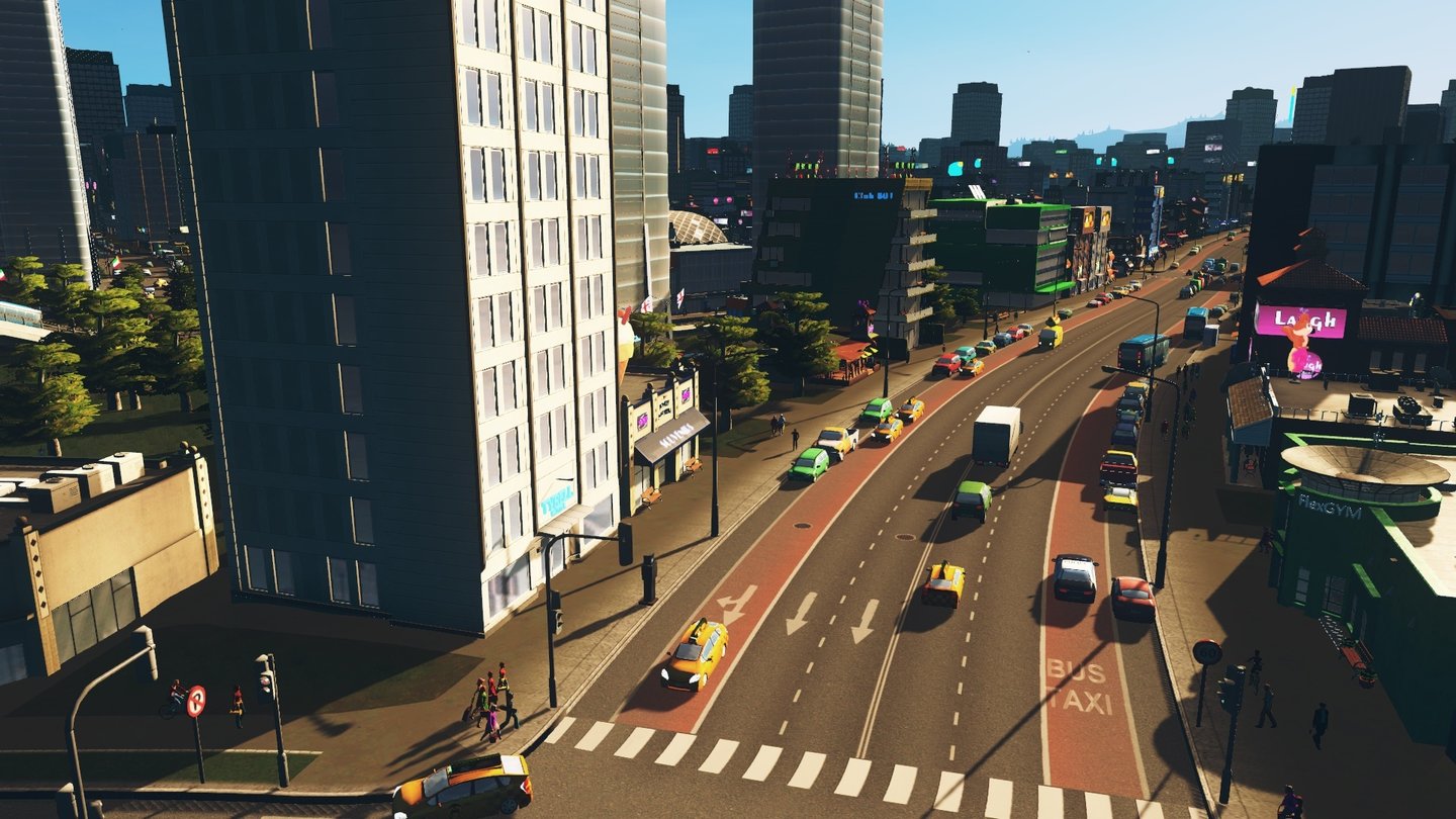 Cities: Skylines - After DarkDie neuen Bus- und Taxispuren werden auch von den Einsatzwagen der Polizei oder der Feuerwehr genutzt.