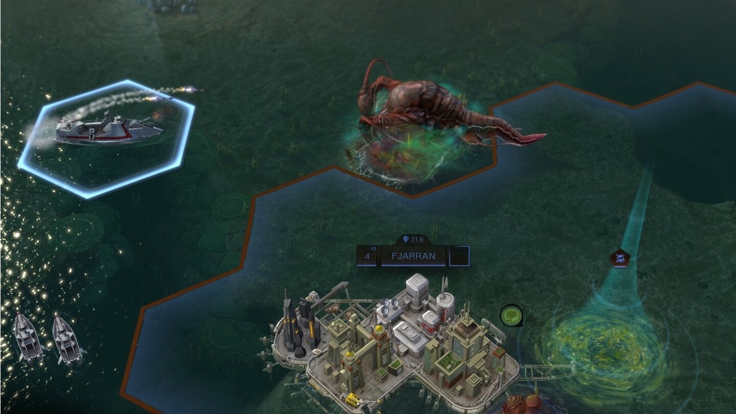 Civilization: Beyond Earth - Rising TideWasserstädte haben Angriffsboni gegen Aliens – trotzdem hilft ein Kreuzer.