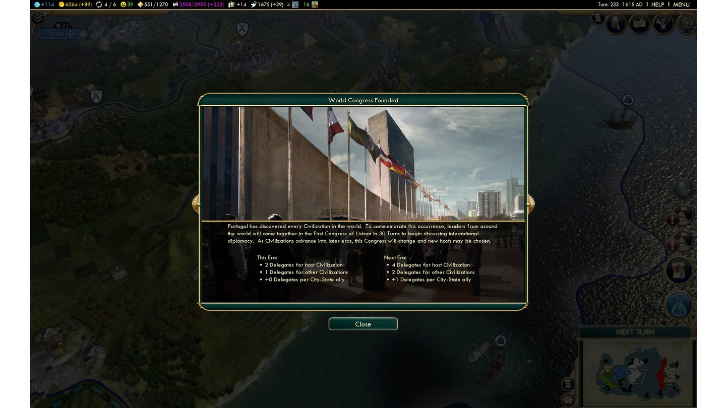 Civilization 5: Brave New WorldDer Weltkongress tritt im späteren Spiel zusammen und ersetzt das Vereinte-Nationen-Wunder.