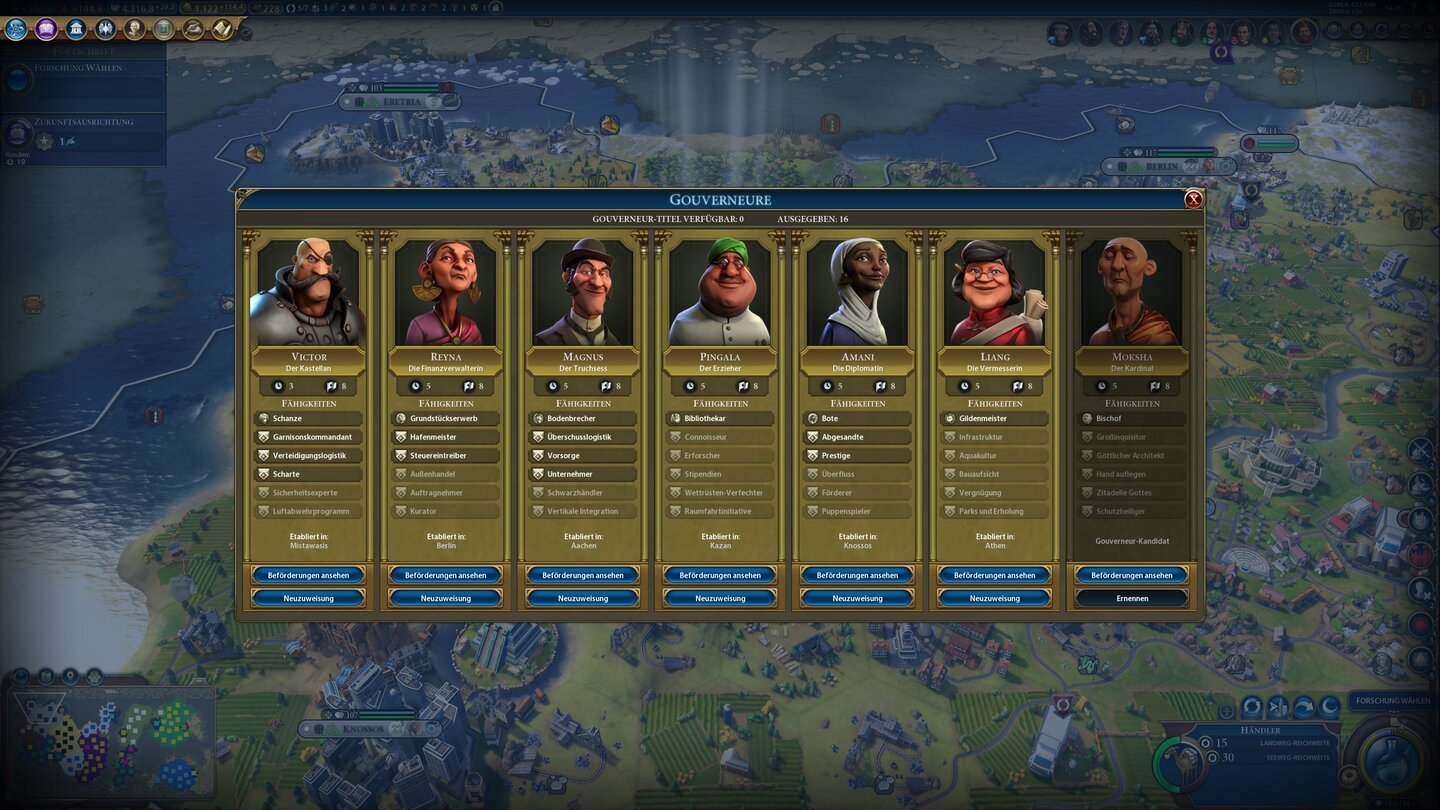 Civilization 6: Rise and FallGouverneure helfen uns bei der Loyalität unserer eigenen Bürger und bringen uns Boni für unterschiedliche Sieg-Strategien.