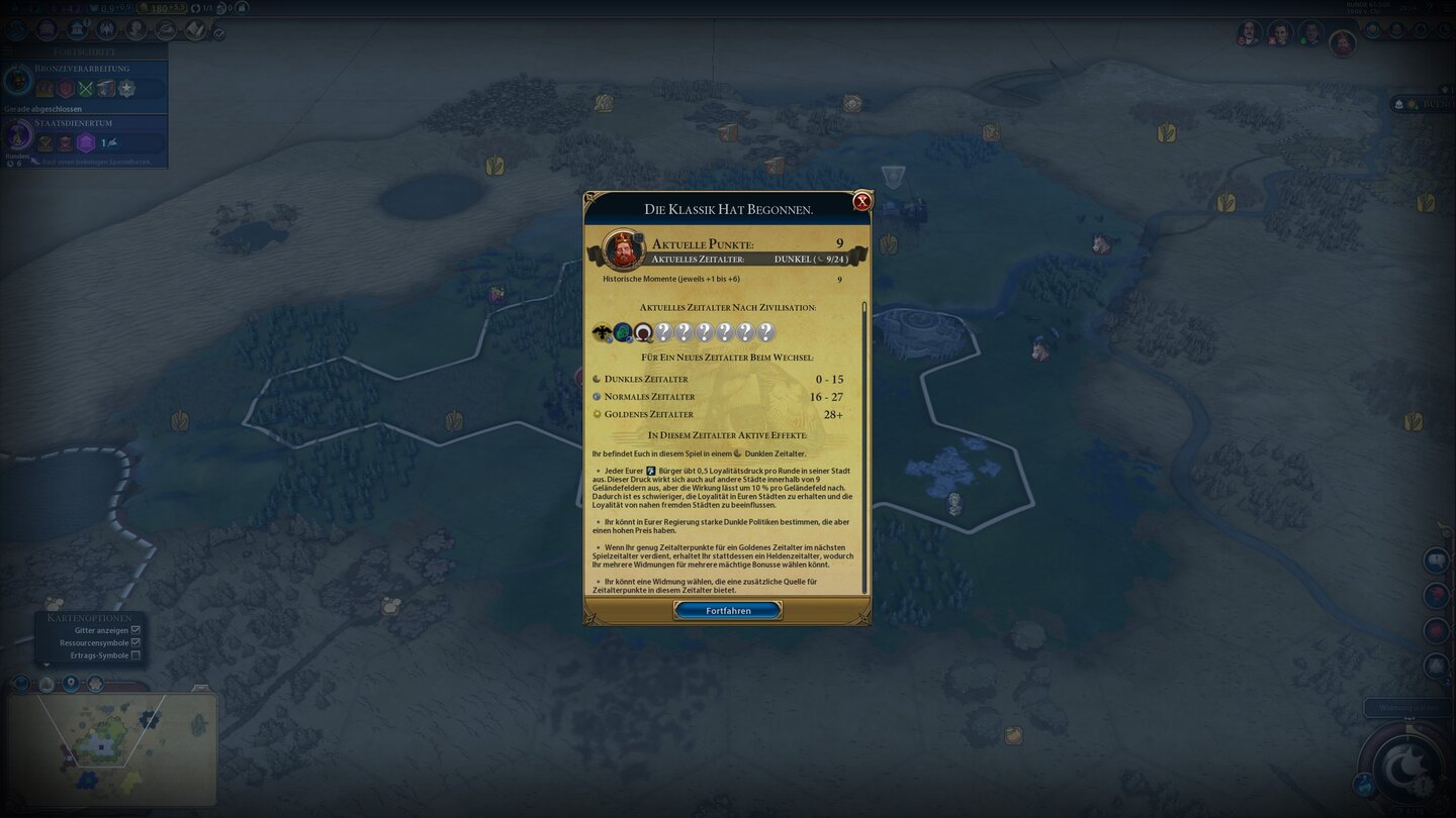 Civilization 6: Rise and FallZeitalter können dunkel, normal oder golden sein. Das bestimmt, wie loyal unsere Bürger sind.