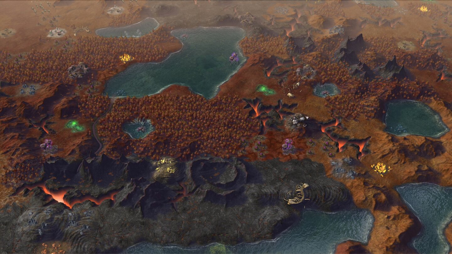 Civilization: Beyond Earth - Rising TideEines der neuen Planetenbiome - also der Grafiksets, aus denen eine Planetenoberfläche besteht - ist diese aus Lava-Feldern und braunen Pilzwäldern bestehende, exotische Landschaft.