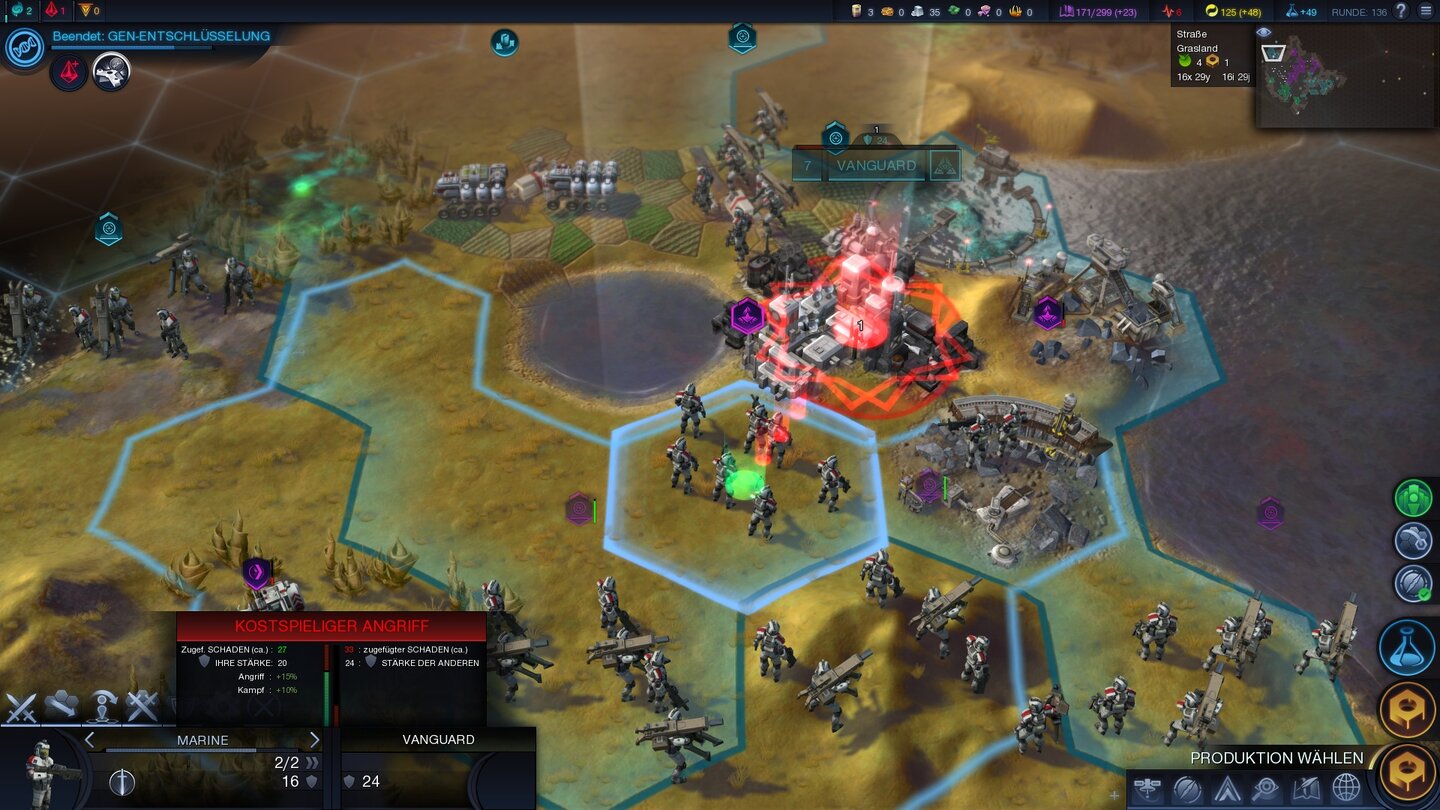 Civilization: Beyond EarthVor dem Kampf zeigt Beyond Earth wieder an, wie viele Trefferpunkte welche der beiden Einheiten verliert.