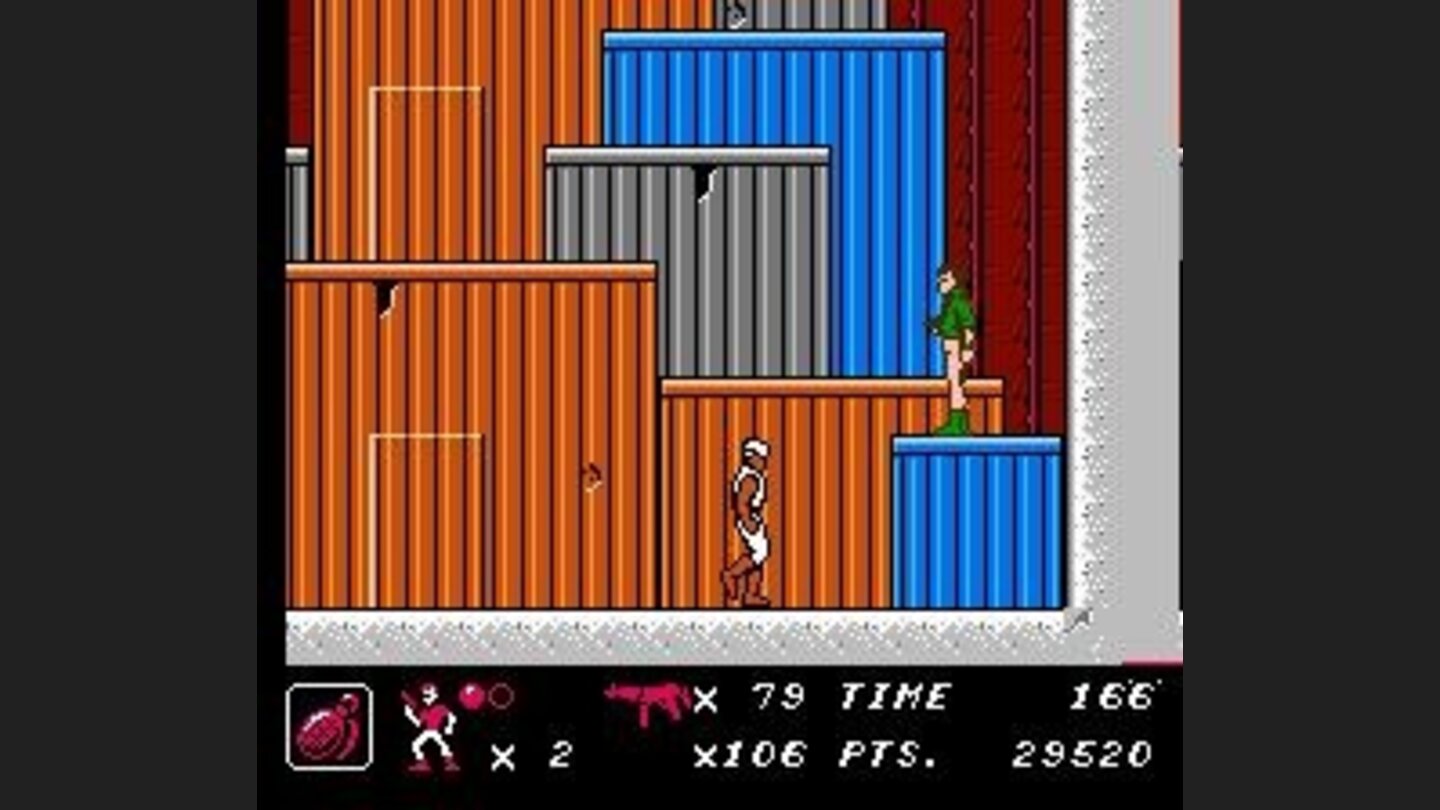 Uh-oh - yet another different colored enemy; that means he can probably take 2 hits and fire twice in a row.