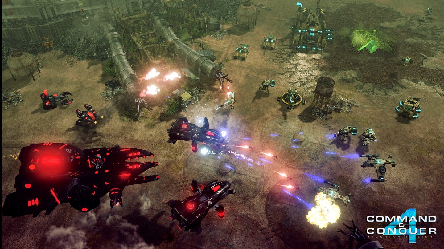 Command & Conquer 4: Tiberian TwilightDer fliegende Nod Crawler (unten rechts) stürzt sich mit seiner Eskorte ins Gefecht.