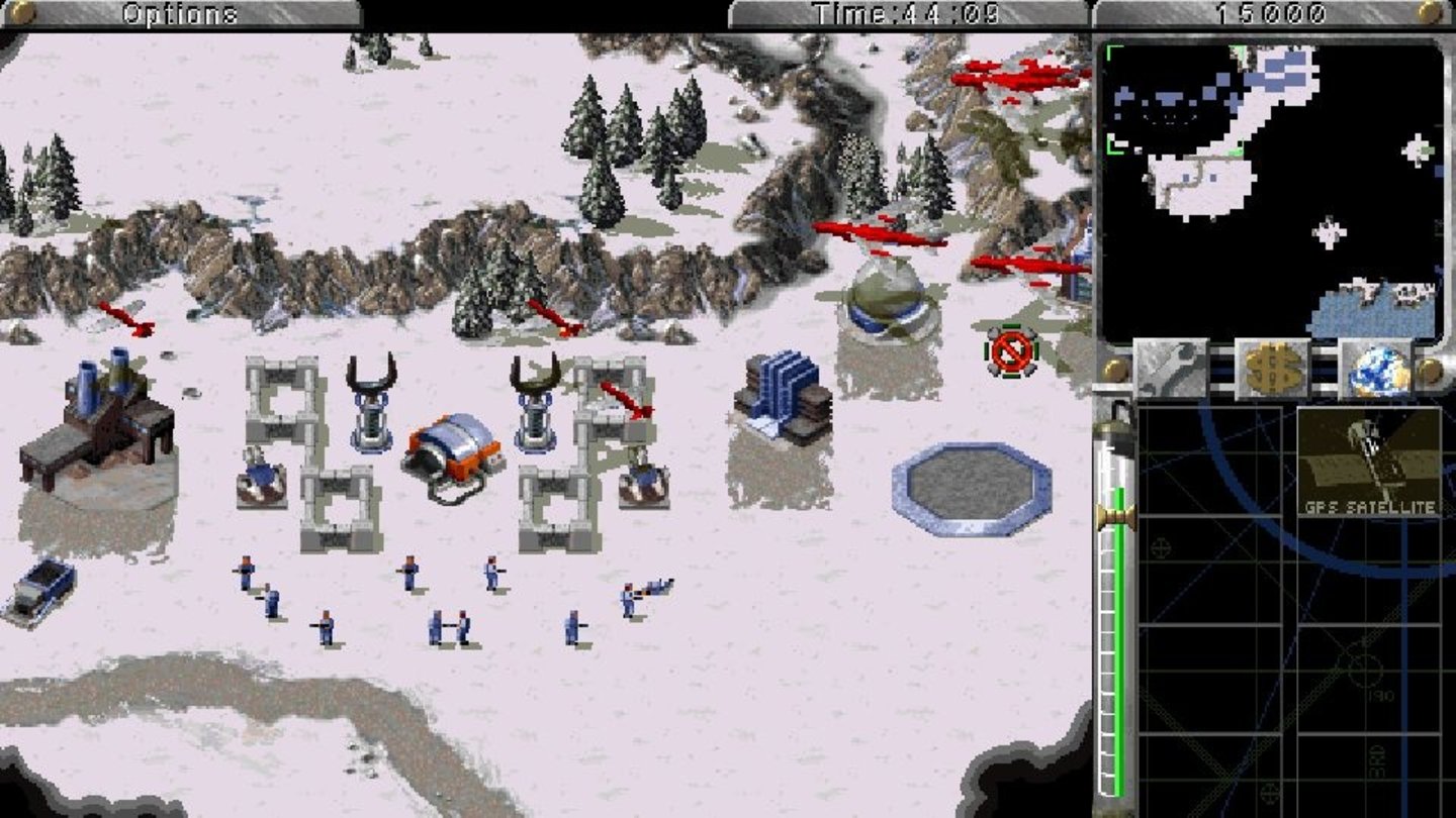 Command & Conquer: Alarmstufe Rot (1996)Wie schon das erste Command & Conquer ist auch die deutsche Version von Alarmstufe Rot abgeändert. So kämpfen statt Menschen erneut Cyborgs und verspritzen Öl statt Blut und einige Zwischensequenzen wurden angepasst.