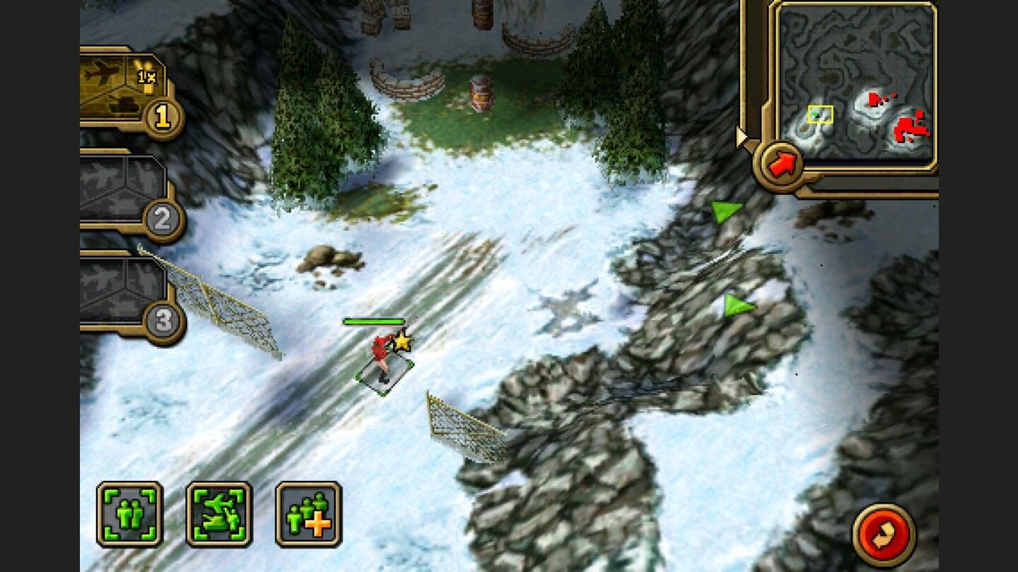 C+C Alarmstufe Rot (iPhone)Mit Command + Conquer: Alarmstufe Rot fand eine der populärsten Echtzeit-Serien ihren Weg auf das iPhone. Zwei Kampagnen stehen zur Wahl: die der Sowjets und die der Alliierten. Serientypisch baut ihr zu Anfang der Missionen fleißig Kampfeinheiten und Gebäude. Wenn ihr euch stark genug fühlt, erkundet ihr die Levelkarte, bis ihr auf feindliche Truppen stoßt. Manchmal werden euch Gefechte aber auch aufgezwungen, denn die Gegenseite durchforstet ebenfalls das Areal. Zu Command + Conquer muss man PC-Usern nicht viel erzählen … aber wie steuert sich das auf dem iPhone? Überraschend gut, muss man zugeben. Die Kontrolle über die vielen Einheiten und Baumöglichkeiten wird über Fingerstriche und Antippen realisiert. Als Tribut an den kleinen Bildschirm können viele Anzeigen bei Bedarf unsichtbar gemacht werden. Nur das Baumenü lässt zu wünschen übrig. Es ist deutlich zu klein geraten, und es kommt vor, dass ihr eine andere Einheit als gewünscht herstellt. Die insgesamt gelungene Steuerung kann aber nicht über die Mängel im Spielablauf hinwegtäuschen. Das Spiel ist mit jeweils sechs Missionen viel zu kurz geraten, weitere Level und Maps schlagen mit Extrakosten zu Buche. Die Einzelkämpferlevel wissen ebenfalls nicht zu überzeugen: Ihr zieht mit einem übermächtig scheinenden Soldaten los, der bis auf die Laufrichtung alles alleine bewältigt. Das ist ziemlich langweilig. Bei Massengefechten wird das Display des iPhones erwartungsgemäß überfordert – ihr verliert die Übersicht.