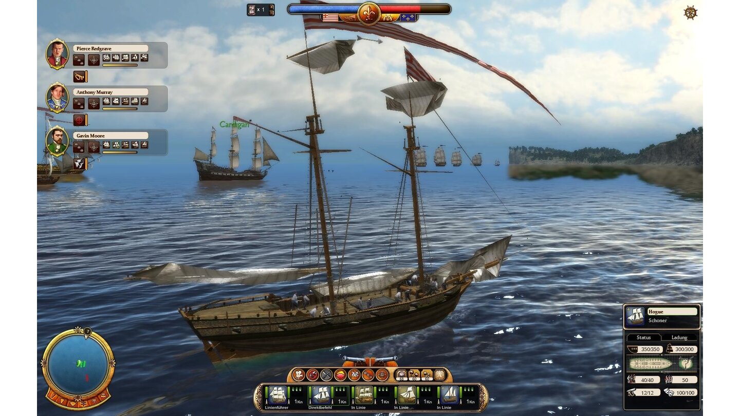 Commander: Conquest of the AmericasSchoner: schnelles Mehrzweckschiff, gut für Handel und Erkundung. Ausreichend bewaffnet, um vor allem im Geschwader Händler ohne Eskorte zu jagen.