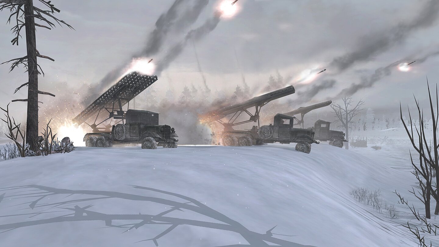 Company of Heroes 2Die BM-13 sind zwar nicht besonders zielsicher, eignen sich aber hervorragend um große Areale mit Raketen einzudecken.