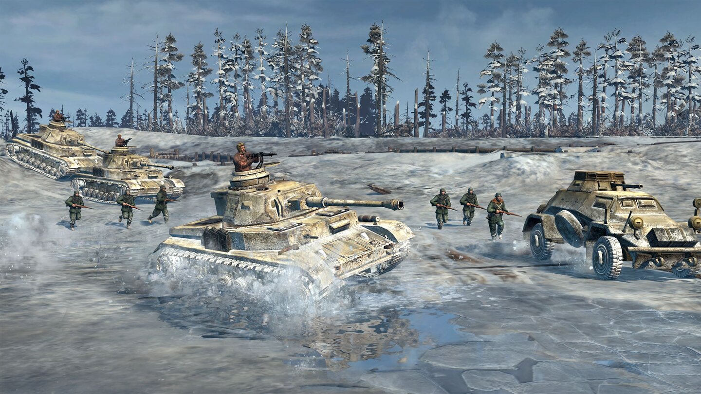 Company of HeroesDer direkte Weg übers Eis ist nicht immer der beste: Bei zu starker Belastung brechen unsere Einheiten ein und sind verloren.