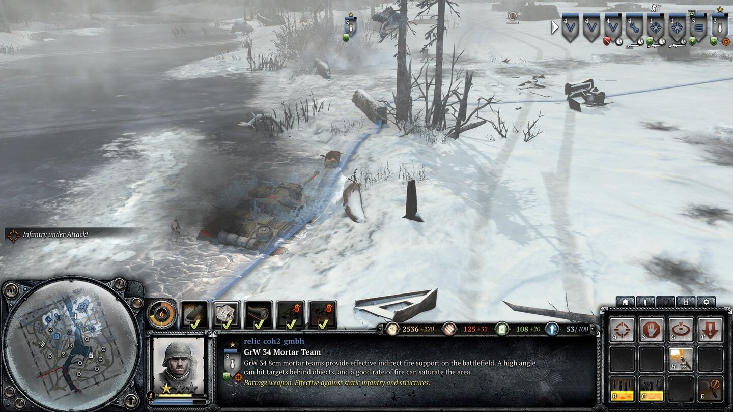 Company of Heroes 2Abgetaucht: Der Mörsertrupp im Hintergrund (oben Mitte, unter dem Granaten-Symbol) hat die Eisfläche unter dem Feindpanzer zerbröselt, der in den eisige Fluten versinkt.