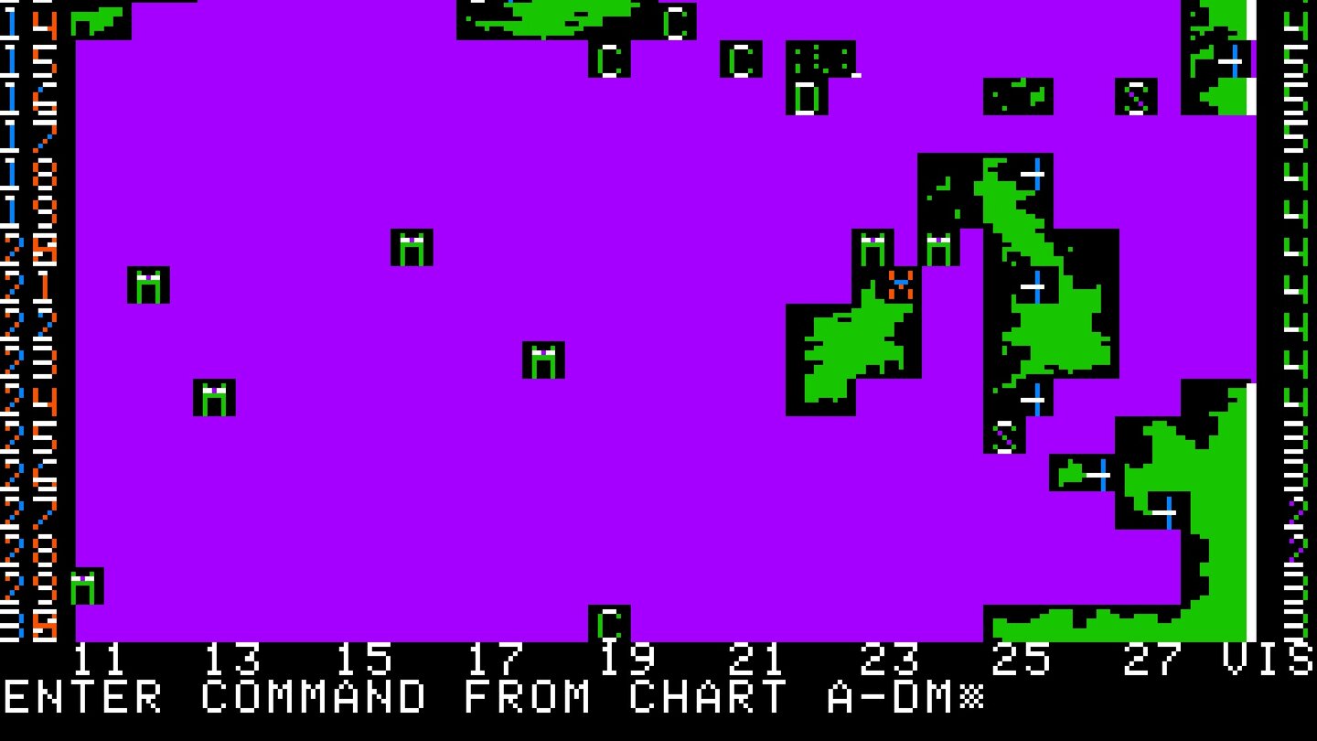 Computer Bismarck (1980)Computergrafik ahoi! Die erste Veröffentlichung von SSI bietet immerhin eine farbige Seekarte. Bei der Jagd nach Schlachtschiff Bismarck kommandiert der Spieler britische Marineeinheiten.