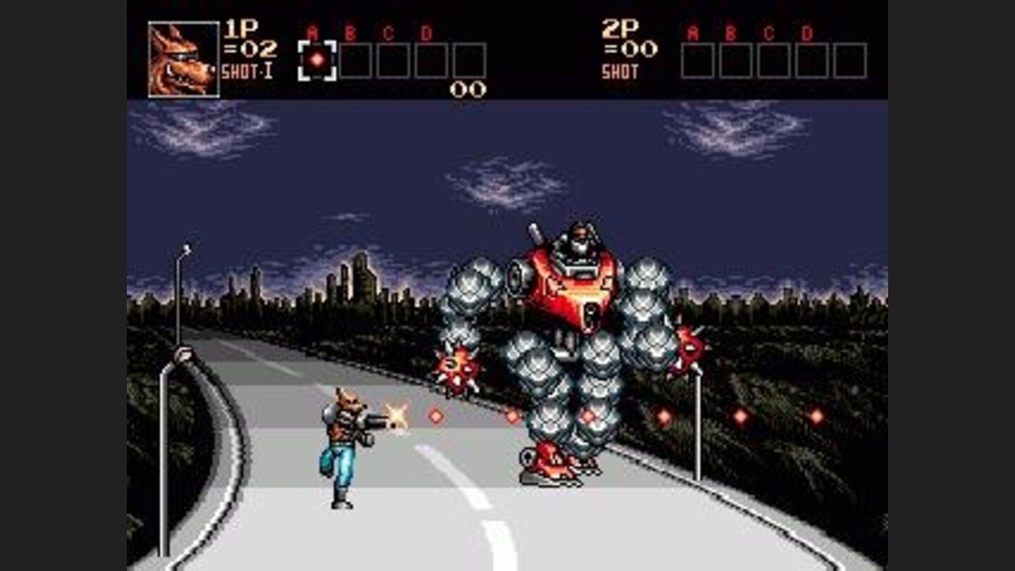 Some levels have innovative gameplay. This boss is chasing you, running on the freeway with attacks from all sides.