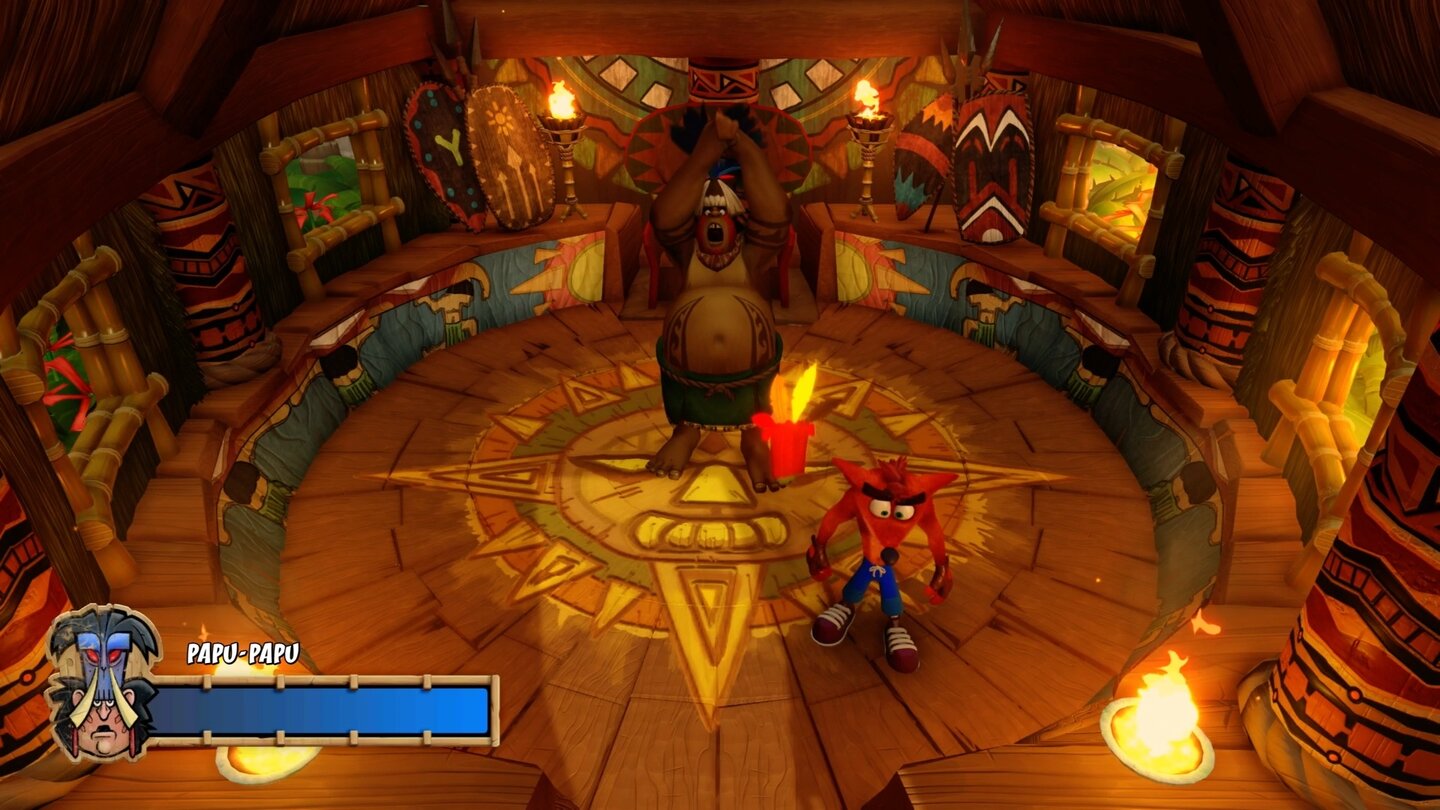 Crash Bandicoot N. Sane TrilogyDie Bossgegner bekämpfen wir ganz altmodisch mit einem beherzten Sprung auf den Kopf.