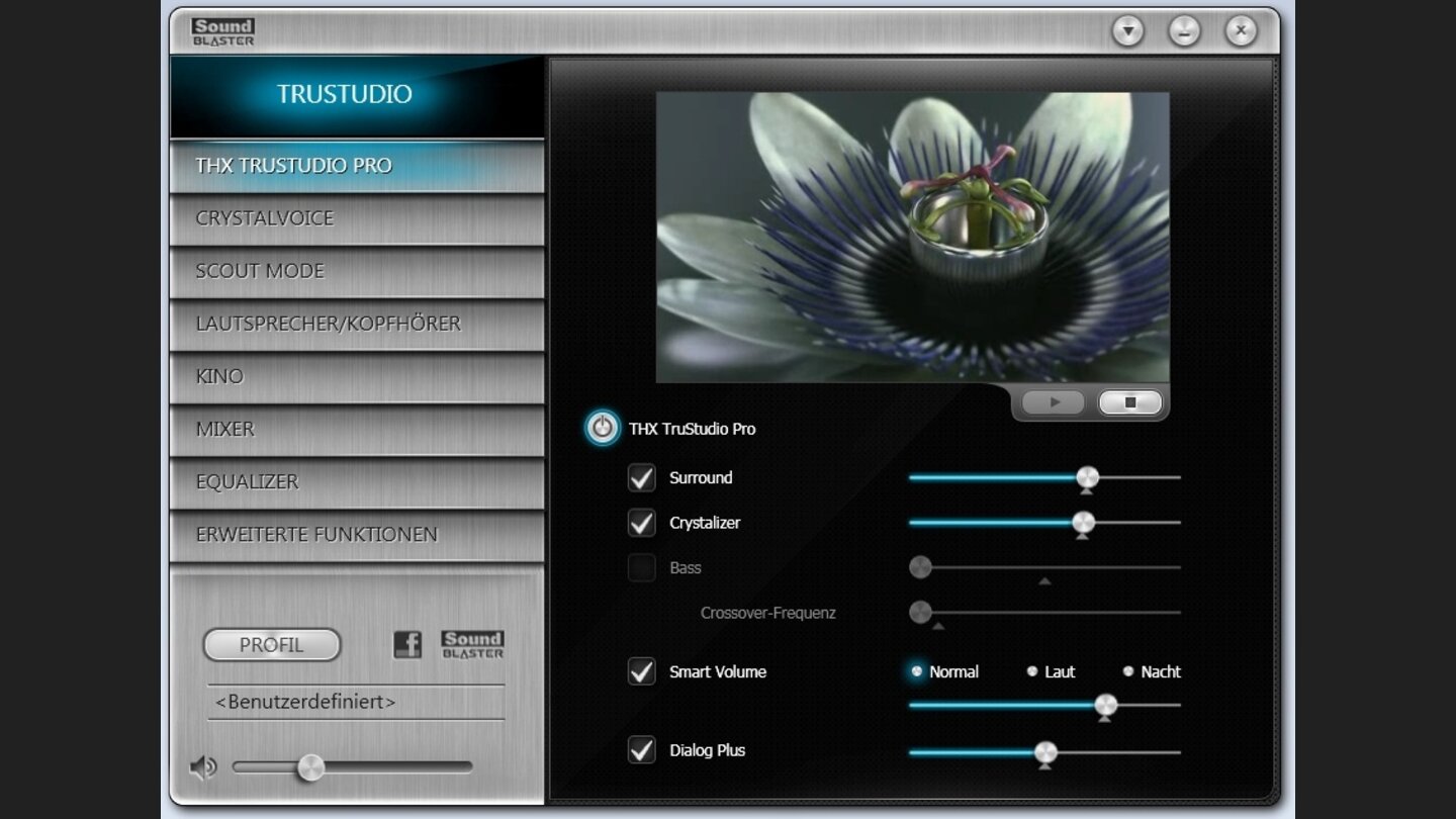 Unter »THX Trustudio Pro« regeln Sie die Intensität der Raumklangsimulation und der »Crystalizer«-Funktion, die vor allem flachen MP3s subjektiv hörbar mehr Dynamik verschafft. »Smart Volume« passt die die Lautstärke verschiedener Klangquellen automatisch an und »Dialog Plus« sorgt für besser Sprachverständlichkeit in Filmen und Zwischensequenzen.