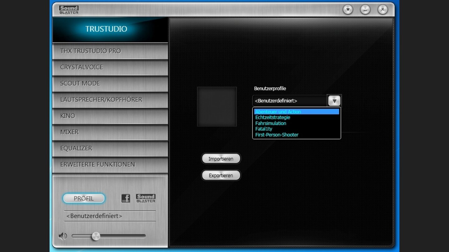 Alle Einstellungen der Soundblaster Recon 3D lassen sich in Profilen abspeichern und später wieder aufrufen. Auch das Tauschen der kleinen Profil-Dateien beziehungsweise das Herunterladen aus dem Internet funktioniert problemlos. Vorinstalliert sind bereits einige Profile für unterschiedliche Genres wie etwa Shooter oder Rennspiele.