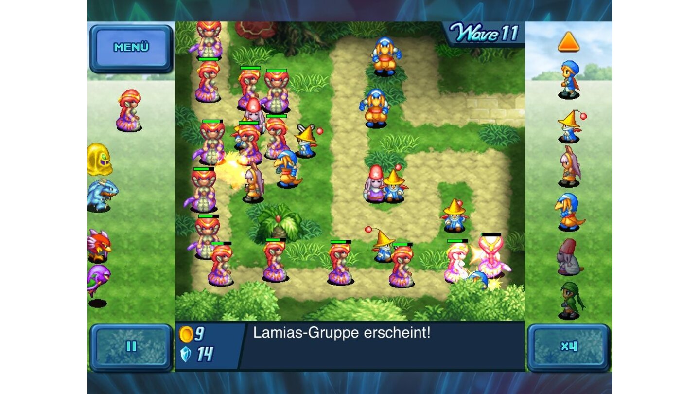 Final Fantasy Chrystal DefendersDas mit Abstand härteste Tower-Defense-Spiel in unserem Special kommt aus dem Hause Square-Enix. Chrystal Defenders basiert auf dem Nintendo-DS-Titel Final Fantasy Tactics A2. Die Musik und die grafische Gestaltung der Figuren wurde komplett übernommen und in das TD-Genre verfrachtet. Chrystal Defenders bietet zwölf Karten, verteilt auf drei Schwierigkeitsgrade. Jede Karte beinhaltet dreißig Gegnerwellen. Die Spieler platzieren Soldaten, Schwarz- und Zeitmagier sowie Diebe oder Drachenritter auf günstige Kartenpunkte. Der Titel ist unglaublich schwer – es braucht zahlreiche Versuche, bis die richtige Taktik gefunden ist. Frustanfällige Naturen sollten daher besser von einem Kauf der Chrystal Defenders absehen, Tower-Defense-Wissenschaftler graben sich aber mit Freude ins Spiel. Neben den regulären Einheiten können mächtige Zauber genutzt werden, die allerdings Lebenspunkte (=Kristalle) kosten. Die Schwierigkeitsgrade unterscheiden sich nicht nur in der Härte, sondern auch in den taktischen Möglichkeiten. Das Spiel ist multilingual produziert worden und damit eines der wenigen Genreprogramme, die in deutscher Sprache ablaufen.