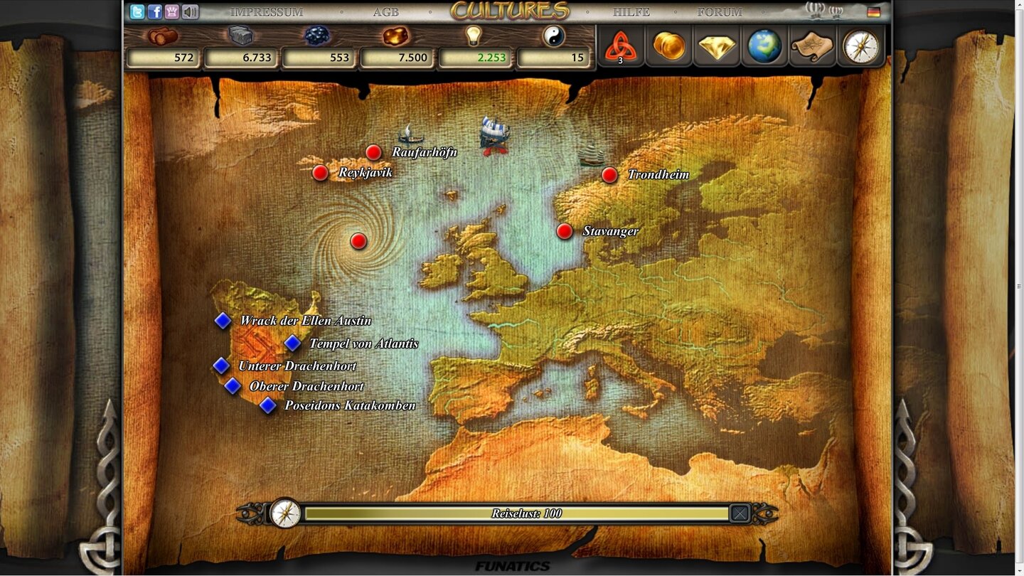 Cultures Online… Questgeber Ihnen Aufgaben anbieten. Diese hier dauert 15 Minuten (siehe rechts oben), wir haben heute noch 100 Minuten frei (siehe Balken oben rechts, »Reiselust«).