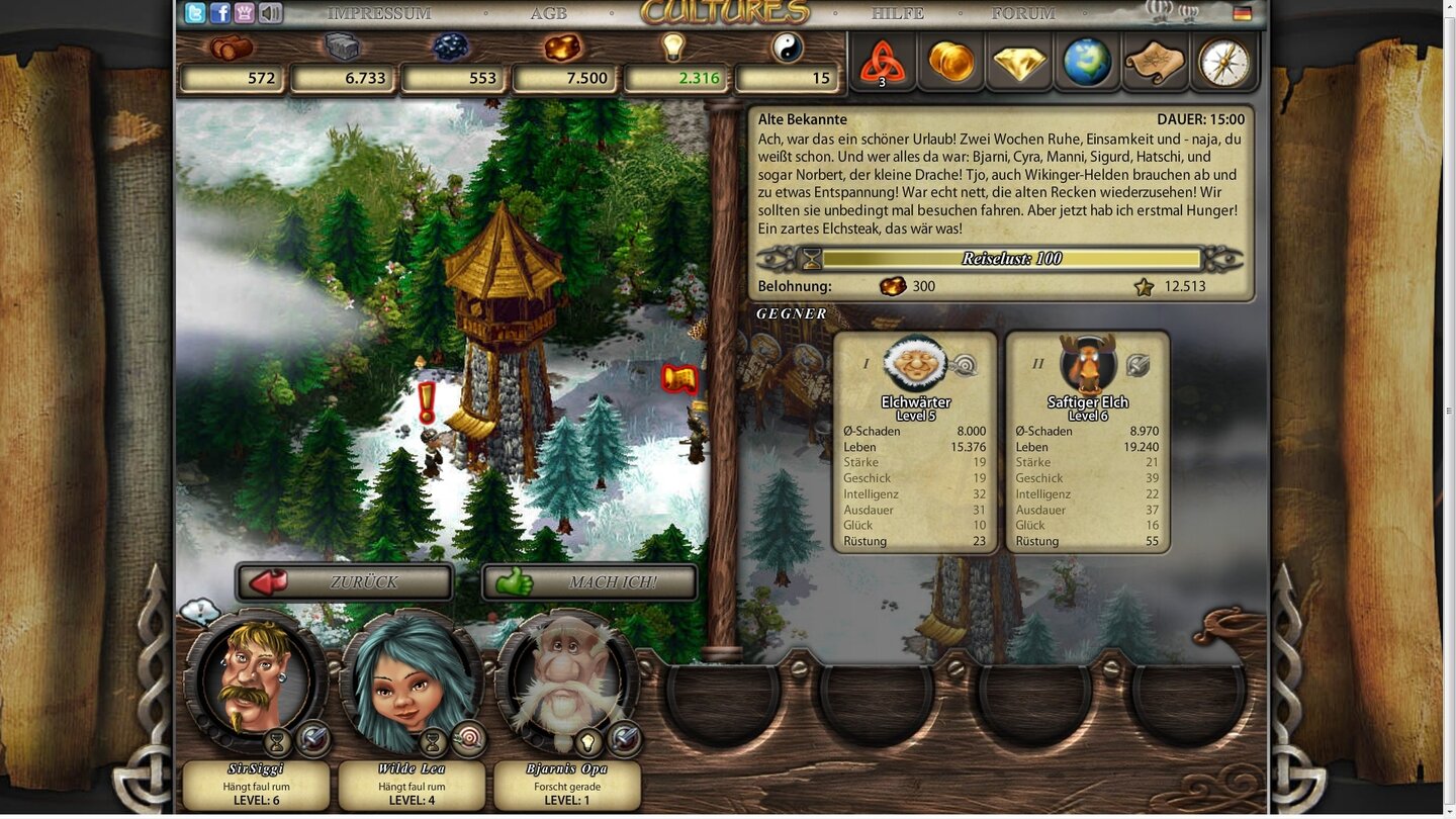 Cultures OnlineGewonnen! Unsere beiden Helden (unten) haben zwei Gegner erledigt. Fernkämpferin Lea kam nicht mal zum Schuss. Übrigens lässt sich das Spiel jederzeit auf Englisch umschalten.