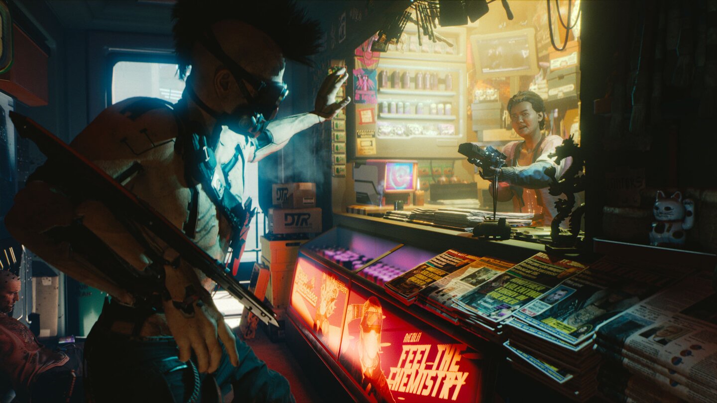 Cyberpunk 2077Bei Händlern tauscht ihr verdiente Credits gegen nützliche Gegenstände - oder aber ihr spart euch den Trip zum Laden und kauft direkt über den Cyberspace ein.