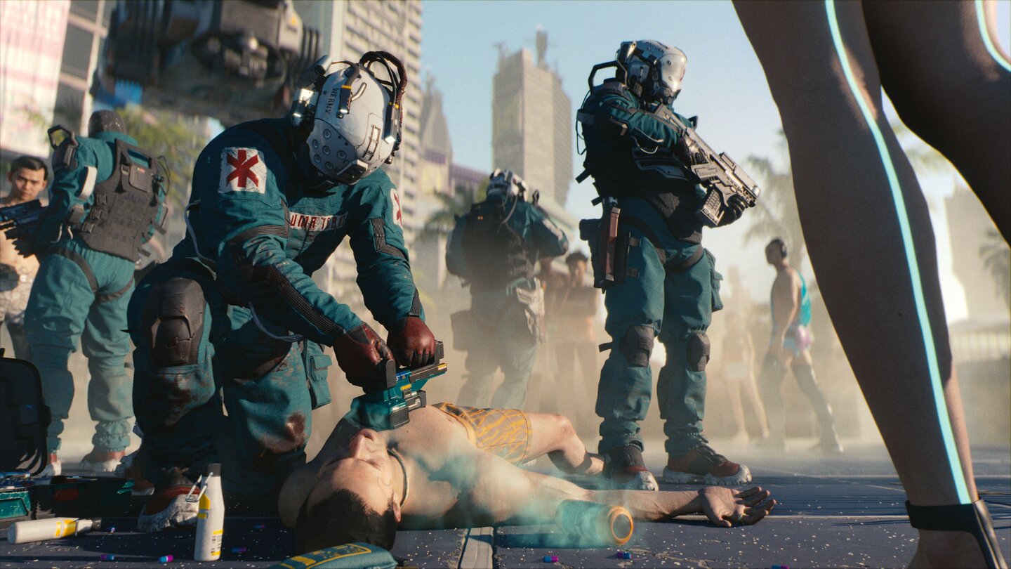 Cyberpunk 2077Die Sanitäter helfen den Reichen zuerst; wer kein Geld hat, muss auf seine Erstversorgung warten.