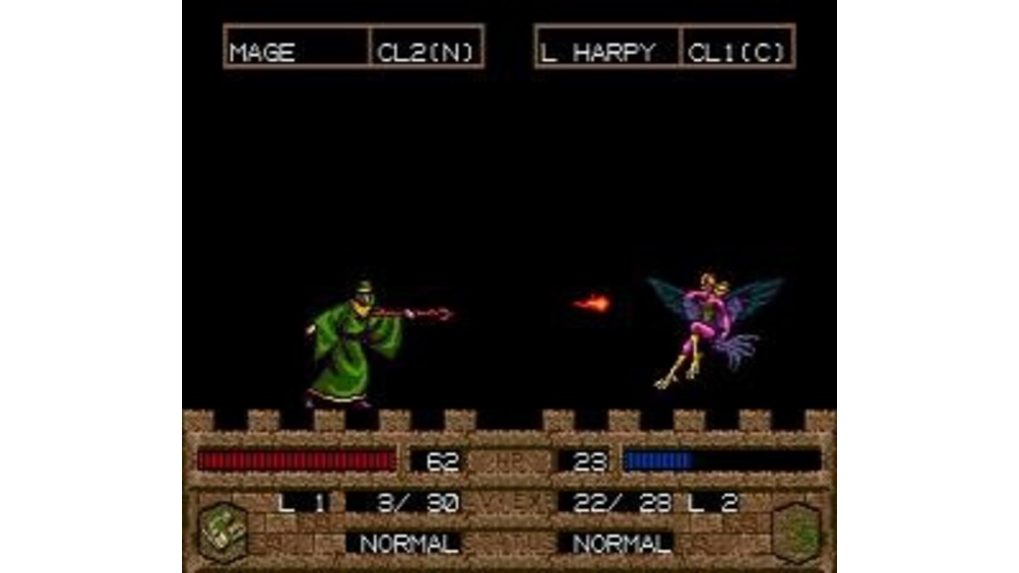 A mage casting attacking a Harpy with a fire-spell.