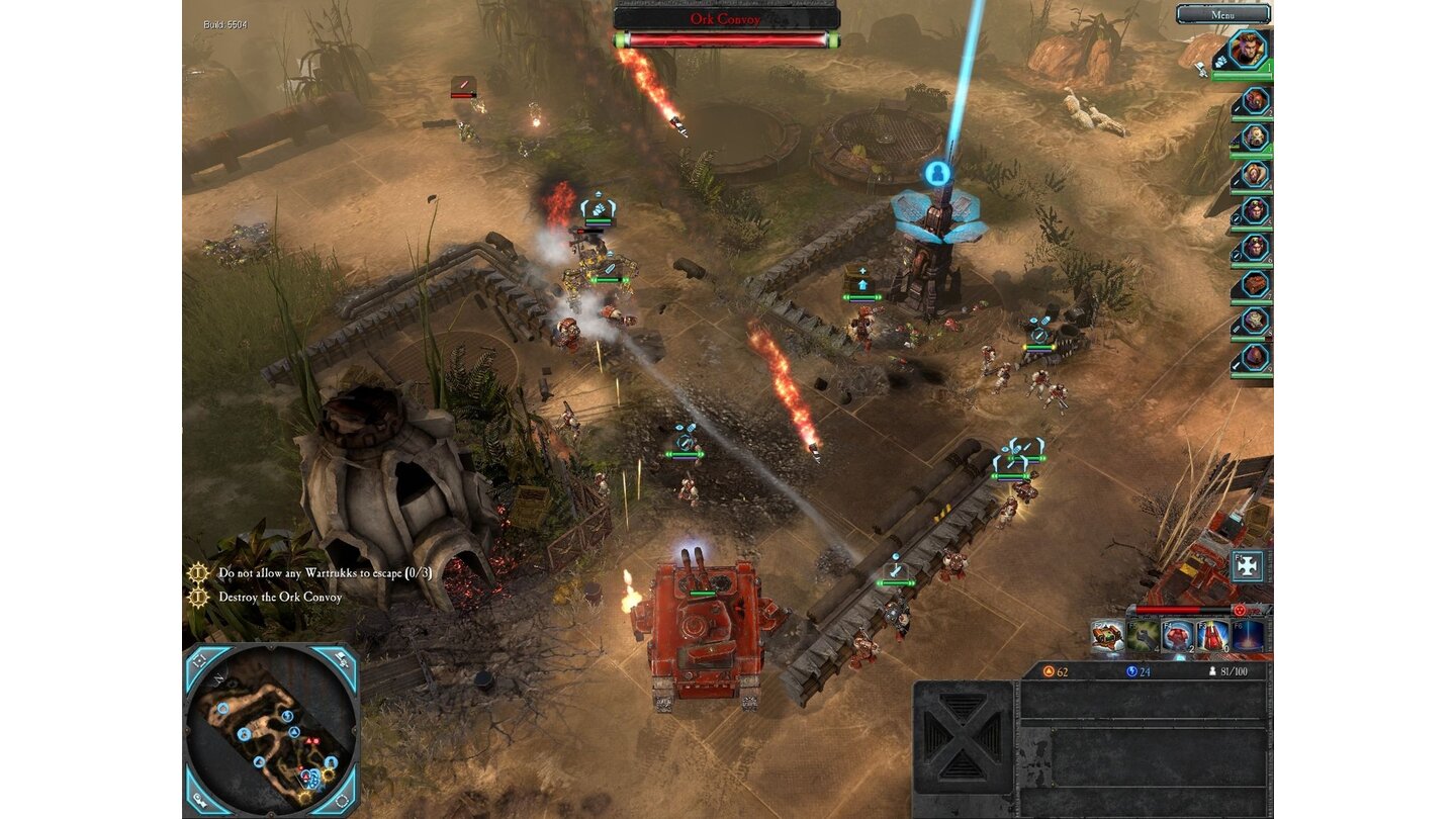 Dawn of War 2: RetributionMehr Einheitenbau in den Kampagnen-Missionen. Rechts oben am Bildrand zeigt eine Leiste die Fülle an Truppen und Helden, die zu dieser Space-Marine-Streitkraft gehören.