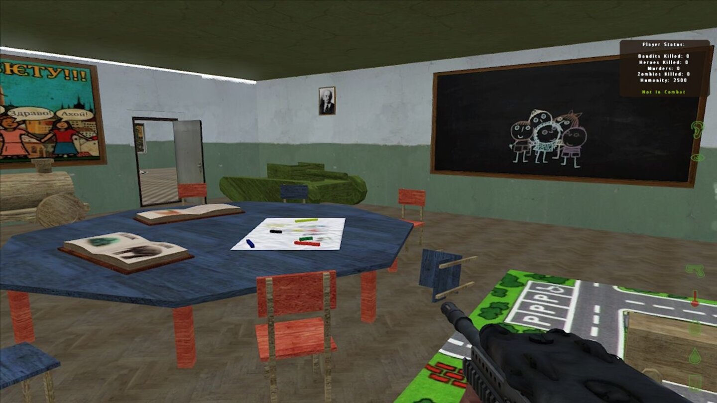 Pädagogisch wertvollEinige Gebäude in DayZ Origins, wie diese Schule, sind sehr detailliert eingerichtet. Ob in russischen Schulen aber wirklich Holzpanzer stehen...