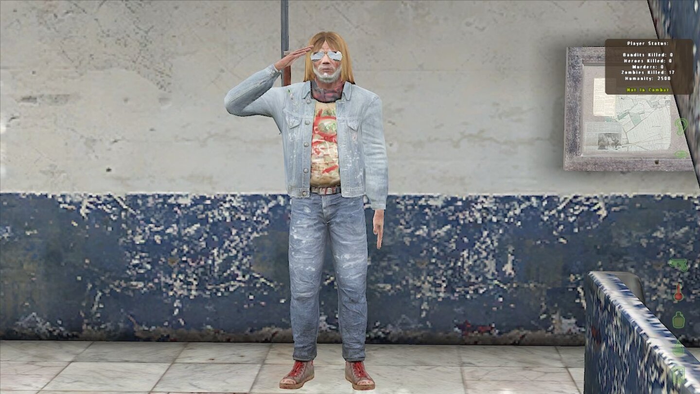 Langhaarige MitstreiterIn DayZ Origins spawnt jeder Spieler mit einem zufälligen Skin. Wer wie hier als langhaariger Hippie spawnt, wirkt auf den Schlachtfeldern aber etwas deplatziert.